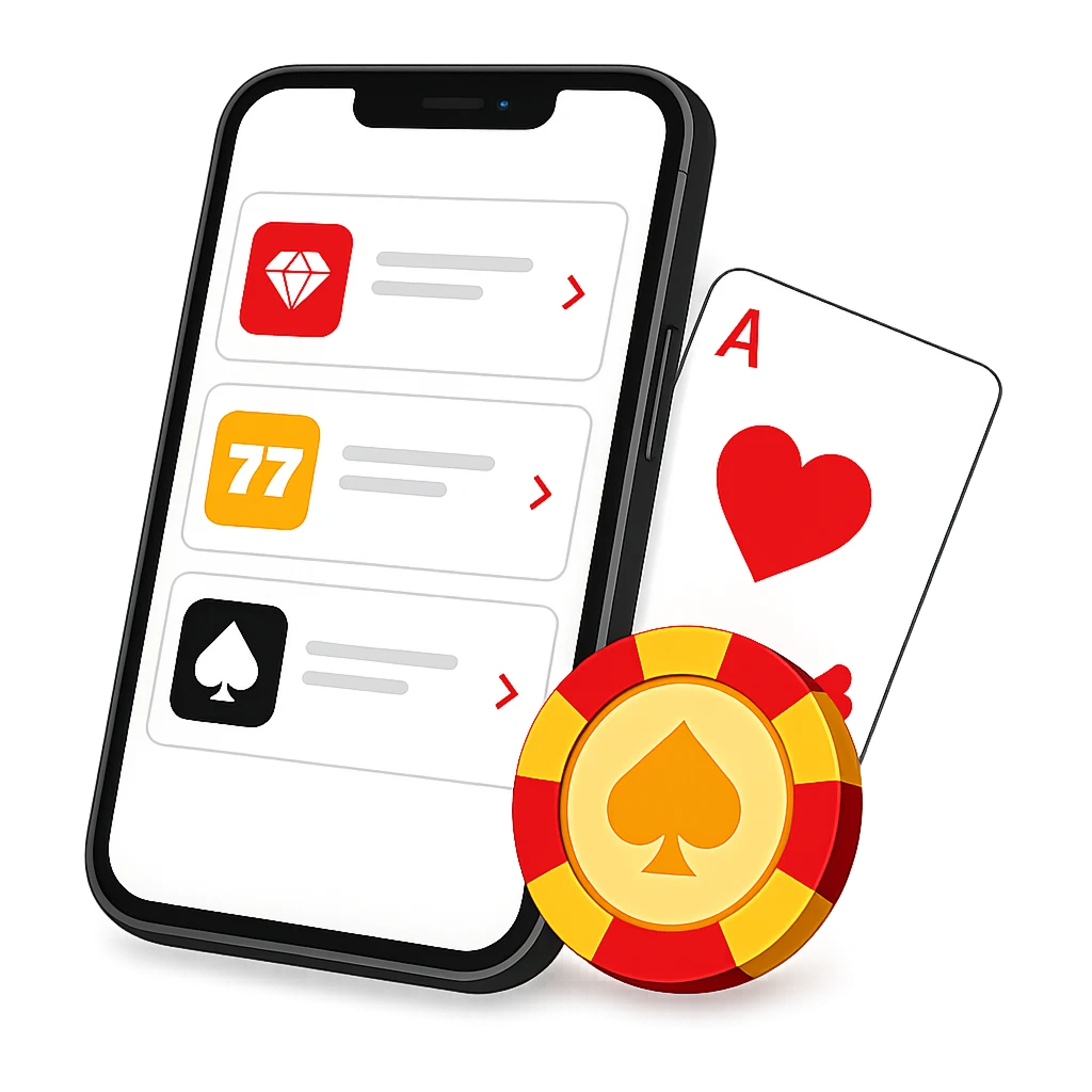 Mobile casino app interface with a playing card and casino chip